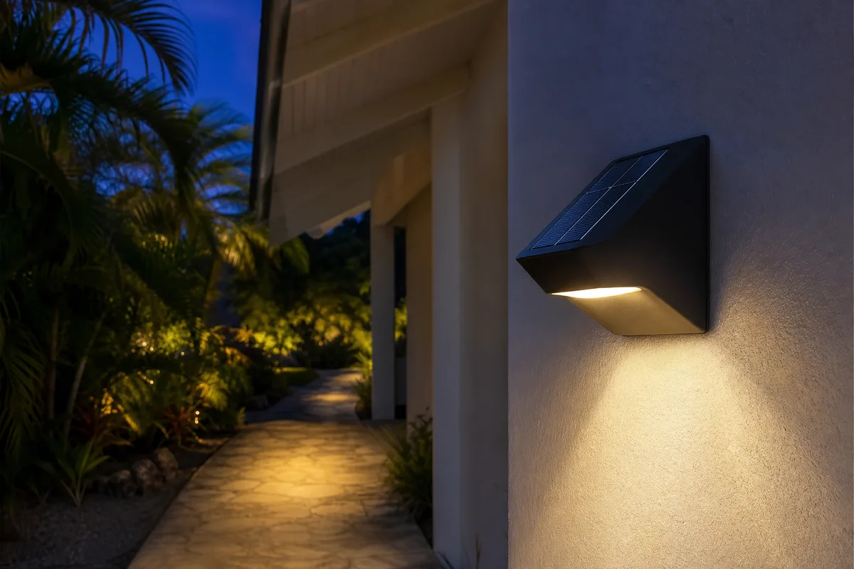Applique solaire à détection fixée sur un mur de villa créole en Guadeloupe, allée éclairée à la tombée de la nuit