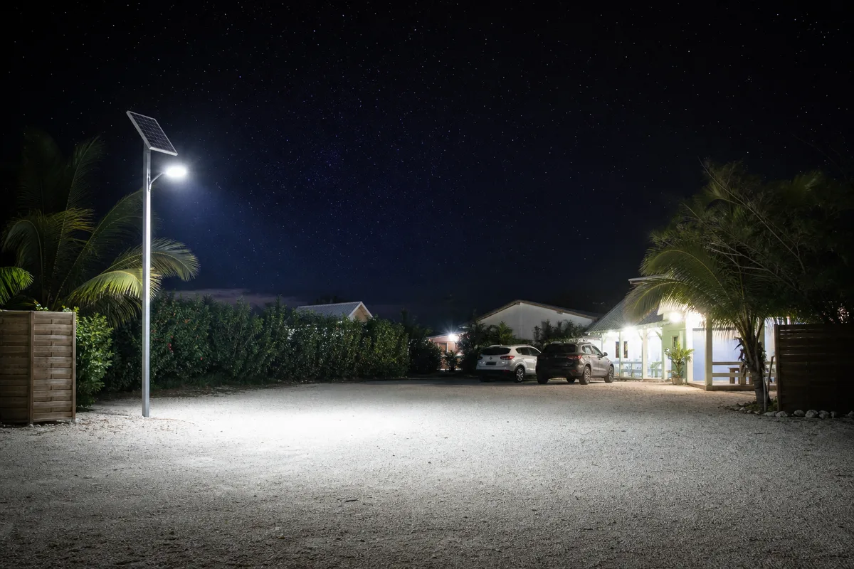 Projecteur solaire de parking éclairant une cour de gîte en Grande-Terre, ciel étoilé antillais en arrière-plan