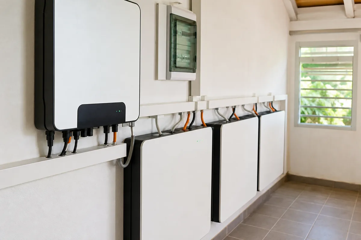Coffret de batteries et onduleur d&rsquo;un kit solaire installé dans un local technique ventilé d&rsquo;une maison en Guadeloupe