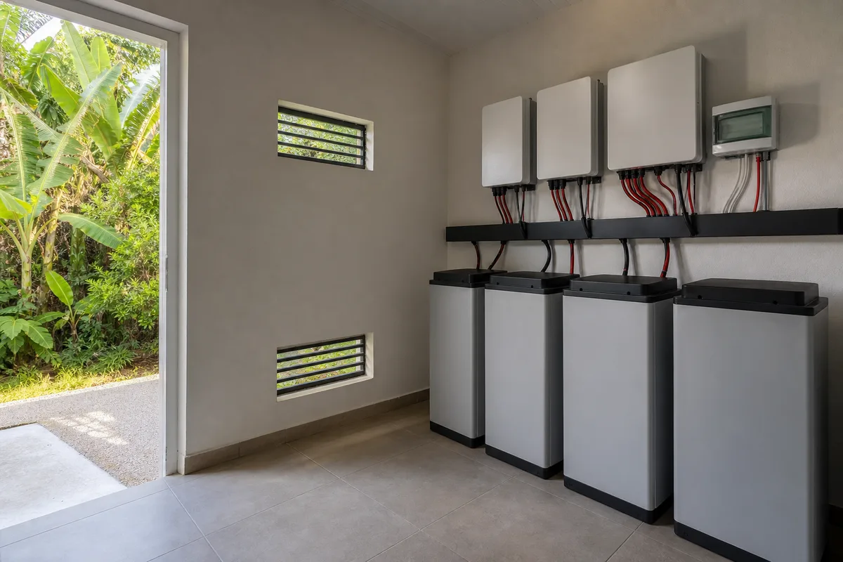 Local technique ombragé et aéré abritant le stockage d&rsquo;un kit solaire, avec grilles de ventilation basse et haute