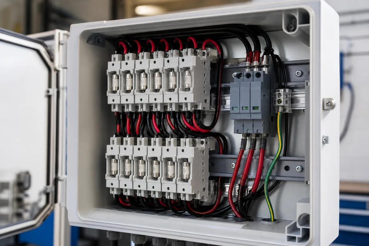 Coffret de protection continu ouvert montrant porte-fusibles et parafoudre d’une installation photovoltaïque en Guadeloupe