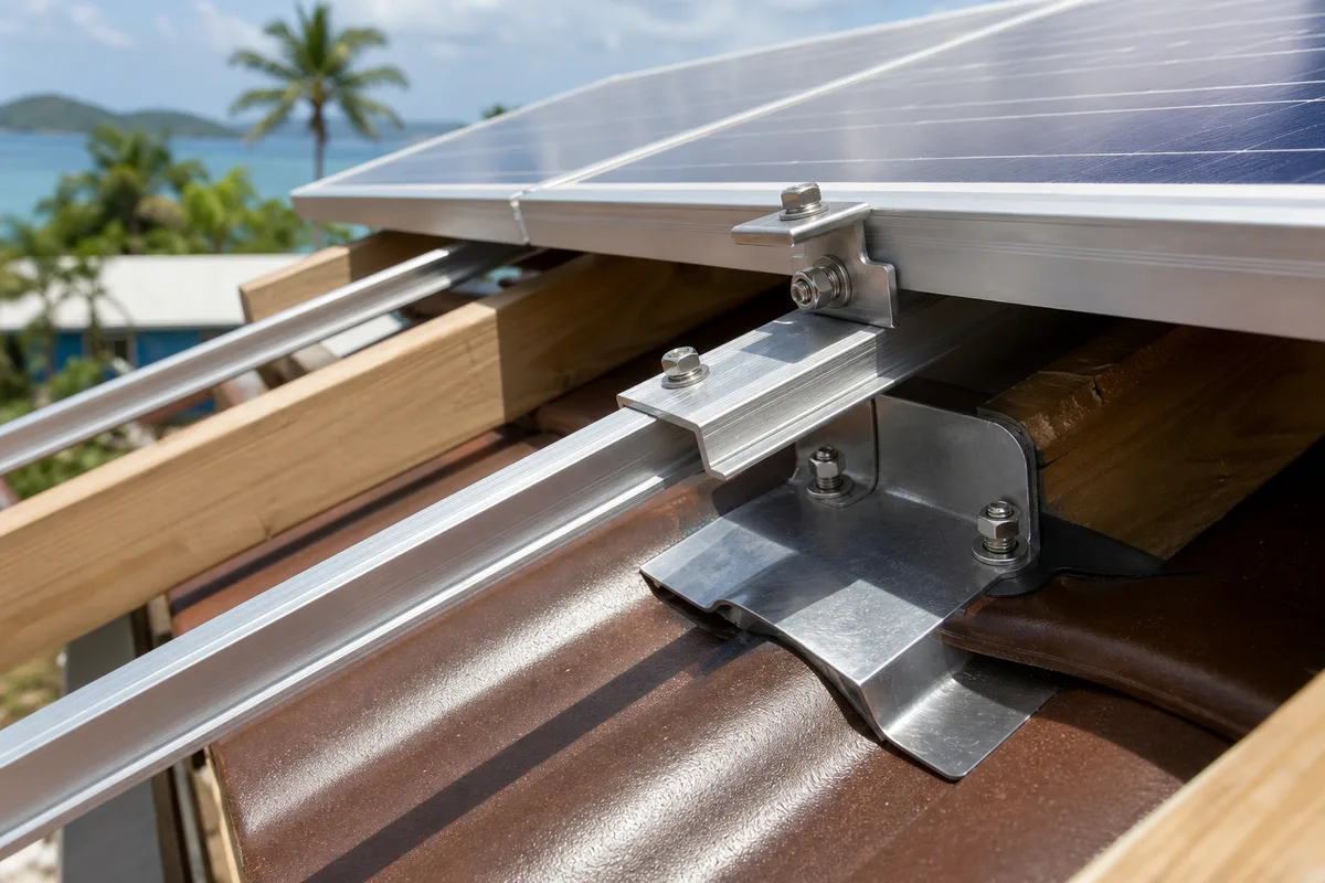 Fixation renforcée de panneaux solaires sur une toiture antillaise exposée au vent, rails et ancrages inox